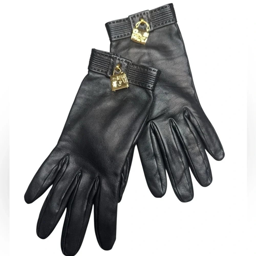 Hermes Kelly Constance Gold Amulette Black Lambskin Leather Gloves Size XS 6.5